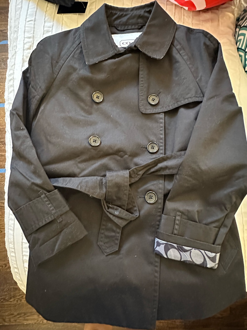 Coach Women’s Black Double-Breasted Trench Coat with Signature Lining and Belt